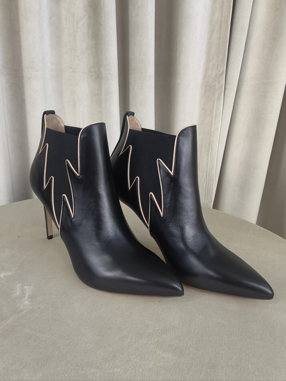 NEW! Francesco Russo Black Pointed Stiletto Ankle Boots with Cream Piping